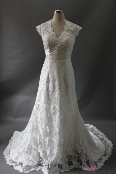 Simple Dress 2015 Lace Wedding Dresses, V-neck Capped Long Wedding Dresses LAWD-7072