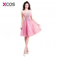 XCOS Pink Short Prom Dresses 2018 Shining Lace Sequin Party Dresses Elegant Evening Dress Women's Gown abendkleider