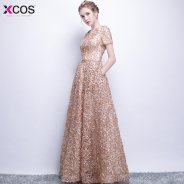 New Evening Dresses 2018 Khaki Color Lace Floor-length Long Prom Dress with belt Party Formal Gown