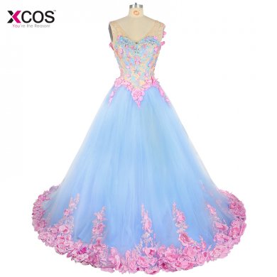 Vestido De Festa Baby Blue 3D Flower Evening Dresses Ball Gown Cathedral Train Handmade Flowers Debutante Formal Prom Dress