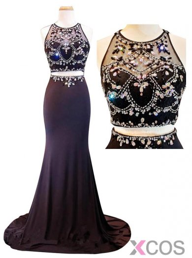 Honorable Prom Dress/Evening Dress - Black Mermaid Two Piece with Rhinestone