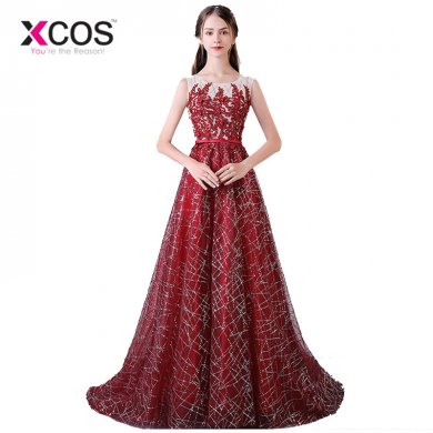 XCOS Sexy Glitter Champagne Burgundy Prom Dresses Elegant A Line Backless Cheap Long Dress for Evening Party Gown 2018