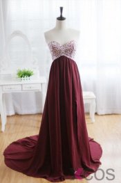 Hot-selling A-line Long Beading Sweetheart Wine Red Chiffon Prom/Party Dress