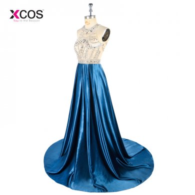 2018 Long Scoop Prom Dresses Rhinestone Beadings Luxury Crystals Floor Length Sleeveless Pageant Formal Evening Gown Custom