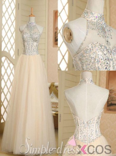 Elegant A-line Halter Neck Beading Sleeveless Tulle Prom Dress TUPD-30984