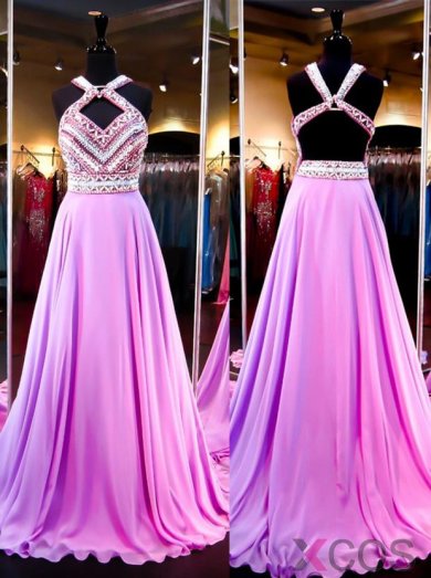 Sexy A-Line Halter Court Train Purple Prom Dress With Beading