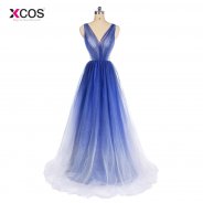 Sexy Ombre Prom Dresses 2018 Deep V Neck Sheer Illusion Back Party Gowns Sleeveless Sweep Train Cheap Blue Tulle Party Dress