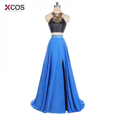 Sexy Halter Two Pieces Prom Dresses 2018 Fashion Long Crystal Beaded Black Top Blue Chiffon Side Split Vestidos De Festa