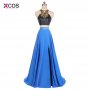 Sexy Halter Two Pieces Prom Dresses 2018 Fashion Long Crystal Beaded Black Top Blue Chiffon Side Split Vestidos De Festa