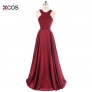 Burgundy Beaded Long Prom Dresses 2018 Halter Chiffon Floor Length A Line Sleeveless Special Occasion Party Dress Evening Gown