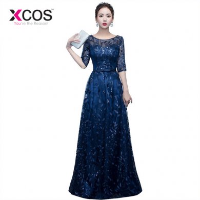 XCOS Long Evening Dress 2018 Hot Sale Scoop Neck Half Sleeves Navy Blue Lace Up Formal Evening Dresses Robe De Soiree