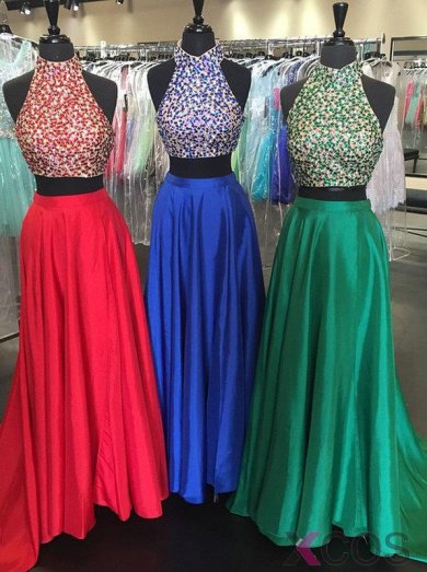 New Arrival High Neck Satin Backless Two Piece Prom Dress with Beaded