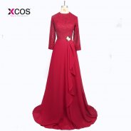 Muslim Evening Dresses 2018 A-line Long Sleeves Red Embroidery Hijab Islamic Dubai Abaya Kaftan Long Evening Gown Prom Dress