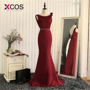 XCOS Elegant Beads Mermaid Long Evening Dress 2018 Simple Wine Red Party Dresses Robe De Soiree Longue