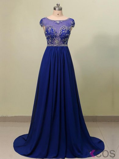 Elegant A-line Scoop Neck Beaded Prom dress-Long Chiffon Royal Blue Prom dress