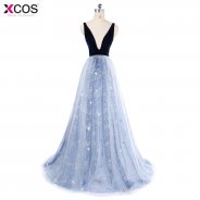 Sexy Deep V Neck Silver Star Printed Prom Dresses 2018 A-Line Floor-length Long Formal Dress Evening Gown Robe De Soiree