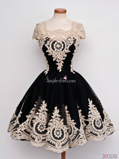 Vintage Scoop Cap Sleeves Black With White Appliques Short Chiffon Homecoming Dresses CHPD-7112