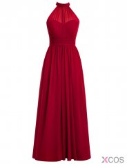 Simple A-line High Neck Chiffon Sleeveless Ruffles Red Prom Dress Evening Gowns