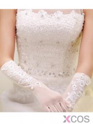 White Sheer Elbow Length Fingers Bridal Gloves With Appliques