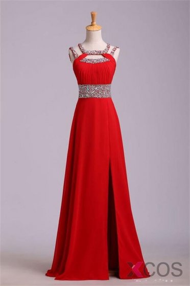 2016 Long Red Chiffon Beaded Backless High Low Prom Dresses OK 35