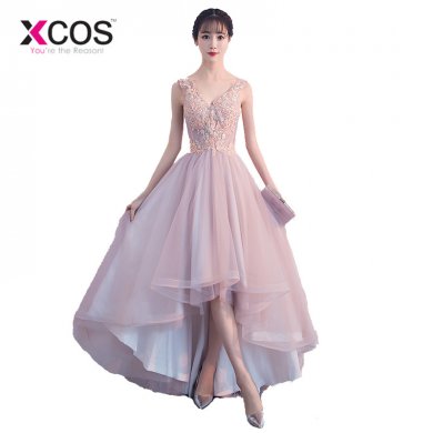 XCOS Pink High Low Dress Colorful Appliques Lace Short Front Long Back Prom Dresses 2018 Hot Sale Evening Gowns vestido longo