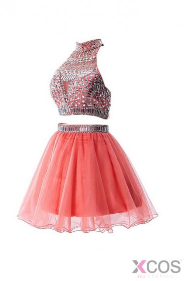 Watermelon Two Pieces Backless Short Prom Homecoming Dresses