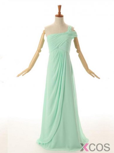 New Style A-line One Shoulder Floor Length Chiffon Mint Bridesmaid Dress With Ruched