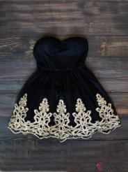 Simple-dress strapless Black Short Gold Embroidery Mini Homecoming Dresses/Evening Dresses CHHD-7644