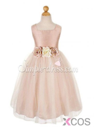 Simple-dress 2015 Simple A-line Square Tulle Flowers Sleeveless Flower Girl Dress TUFGD-8122