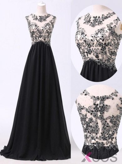 Simple Dress Handmade Beading Scoop Black Long Chiffon Prom Dresses/Evening Dresses CHPD-7199