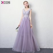 2018 Light Purple Prom Dresses Long Tulle Appliques Evening Gown Party Dress Backless gala jurken V Neck vestido longo