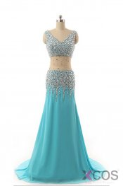 V-neck Light Sky Blue Beaded Long Prom Evening Dresses 14