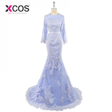 XCOS 2018 Muslim Evening Dresses Mermaid Long Sleeves Appliques Lace Islamic Dubai Abaya Kaftan Long Evening Gown Prom Dress