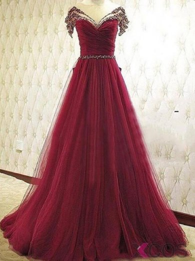 Elegant A-Line Off-the-Shoulder Court Train Burgundy Prom Dress/Evening Dress with Ruffles