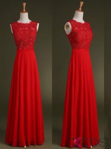 Simple Dress Elegant A-line Beading Long Red Chiffon Prom Dresses CHPD-7141