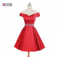 New Arrival 2018 Red Satin Short Homecoming Dresses Off The Shoulder Lace Up Back Cystal Beads Junior Graduation Dress