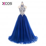 XCOS Custom Made Royal Blue Lace Halter Prom Dresses Elegant A Line Cheap Long Dress for Evening Party Gowns vestido de gala