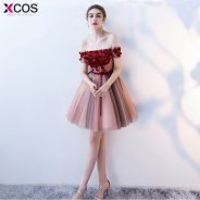 cocteleria 2018 Red Popular off the Shoulder Short Beautiful Appliques Cocktail Gowns Flower Pattern Sashes Bow Cocktail Dress