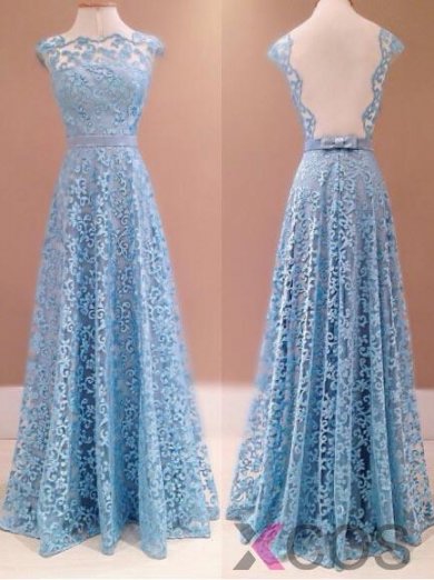 2015 Elegant A-line Floor Length Backless Lace Prom Dress With Bows LAPD-7213