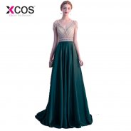 XCOS Cap Sleeves Beads Elegant Dark Green Prom Dresses 2018 New Arrival V Neck vestido de festa longo Long Evening Gowns