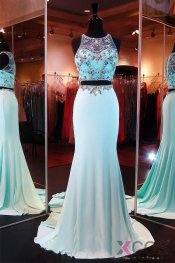 Light Sky Blue Long Two Pieces Cap Sleeves Beaded Prom Dresses OK20