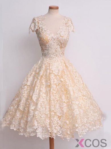 1950s Vintage Prom Dress -A-line V-Neck Sleeveless with Lace