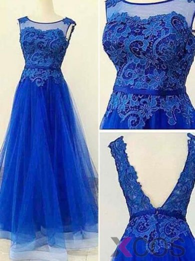 2015 Romantic A-line Floor-length Scoop Backless Appliques Tulle Prom Dress TUPD-7318