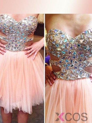 Simple-dress 2015 Hot-selling A-line Sweetheart Mini Tulle Beading Homecoming Dress/Cocktail Dress TUHD-81149