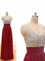 Simple Dress A-line Sparkle V-neck Backless Long Claret Chiffon Prom Dresses/Evening Dresses CHPD-7144