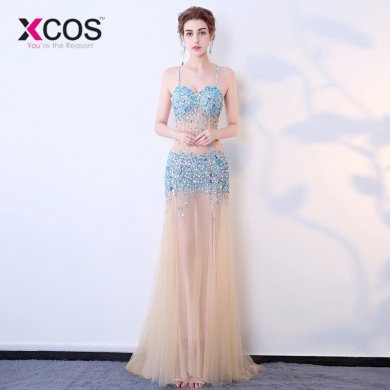 XCOS Sparkly Long Tulle Prom Dress 2018 Sexy Mermaid Luxury Crystal Beaded Rhinestone abendkleider gala jurken galajurken