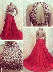 Glamorous High Neck Two-pieces Court Train Red/Evening/Homecoming/Prom Dress