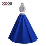 XCOS 2018 New Two Piece Prom Dresses Long Royal Blue Beaded Halter Vestido De Festa Formal Evening Party Gown A Line Women Dress