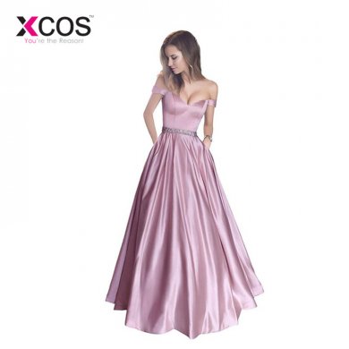 XCOS Vestido De Festa A-line Long Evening Dress Vintage Off Shoulder Prom Dresses Crystal Belt Robe De Soiree 2018 with Pockets