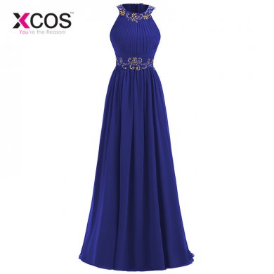 XCOS Dark Blue 2018 Prom Dresses Beaded Crystals Chiffon Women Long Prom Gown Evening Dresses Robe De Soiree